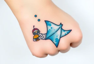 Scooba diver, diving with manta ray belly to belly, with burger on his hand tattoo idea