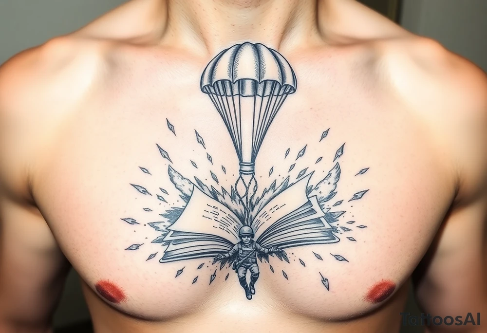 A parachuting soldier landing into an open book. Chaos surrounding, but the book is protecting the soldier from it. On the chest. Make it smaller. Thought provoking tattoo idea