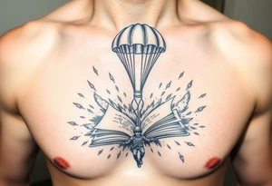 A parachuting soldier landing into an open book. Chaos surrounding, but the book is protecting the soldier from it. On the chest. Make it smaller. Thought provoking tattoo idea