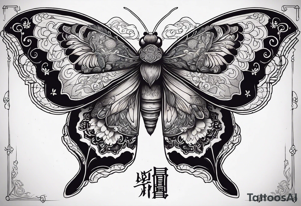 Large death moth for sternum with quote “blood of the coven is thicker than water of the womb” tattoo idea