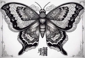 Large death moth for sternum with quote “blood of the coven is thicker than water of the womb” tattoo idea