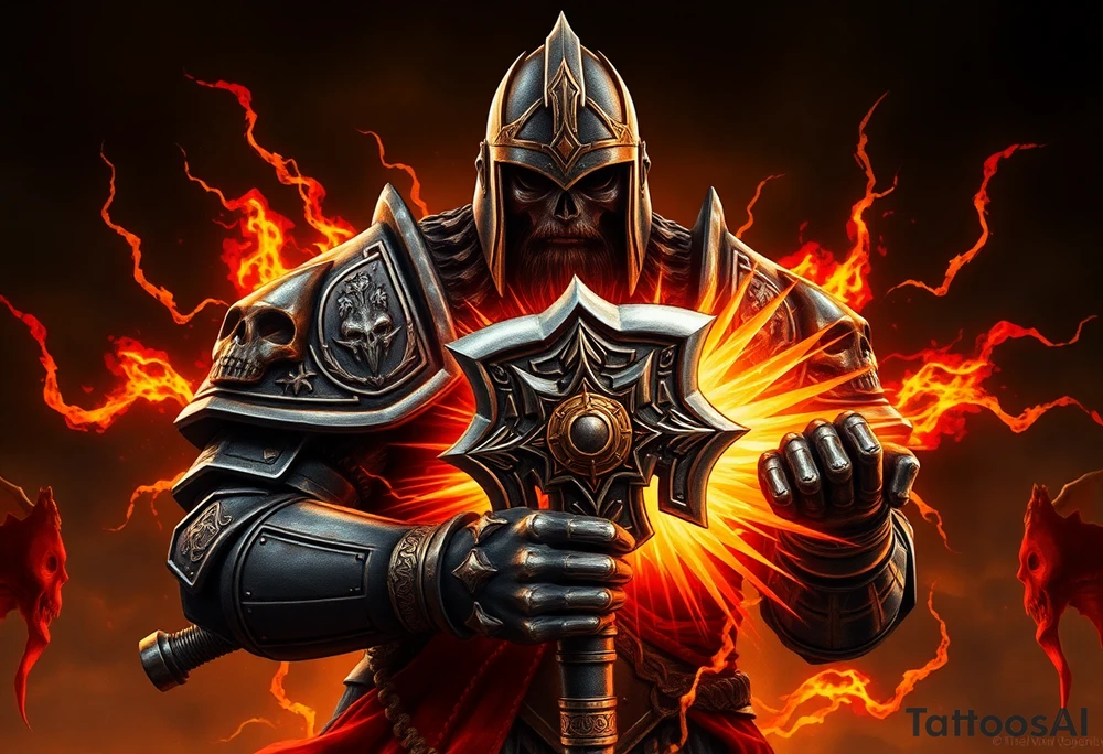 Warhammer, the Old World. A warrior priest of Sigmar holding The Warhammer of Sigmar. The Warhammer of Sigmar is radiating thunderous energy. The Warhammer is held by the warrior priest with both hands upon his chest level. The Warrior priest is wearing dark alloyed heavy armour (reference armor from warhammer vermintide 2 Victor Saltzpyres, the warrior priest of Sigmar class) with skull sigils on his shoulder pads. The warrior priest is wearing a helmet, while the helmets front visor has an humanoid face covering. The helmet and armour are gladened with hints of gold and crimson red. The Warhammer is silverish and golden with a long handle tattoo idea
