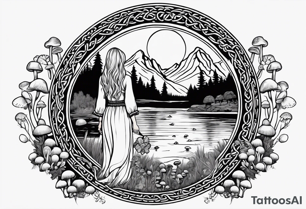 Whole picture encircled fully

Straight long blonde hair hippie girl in distance holding mushrooms in hand facing away toward mountains and creek surrounded by mushrooms long sleeve shirt and hiking pants; whole rendering within a full celtic circle border, no cut off circle tattoo idea