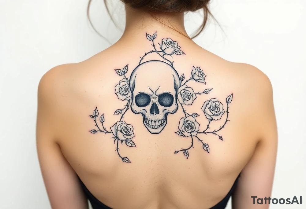 gothic skull intertwined with climbing roses and thorny vines tattoo idea