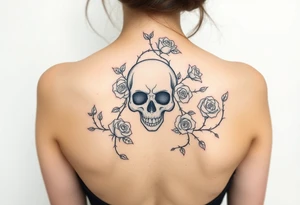 gothic skull intertwined with climbing roses and thorny vines tattoo idea