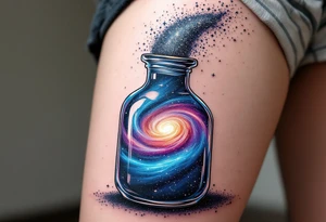 A glass jug filled with a swirling galaxy, with vibrant blues, purples, and silver stardust pouring out like cosmic energy. tattoo idea