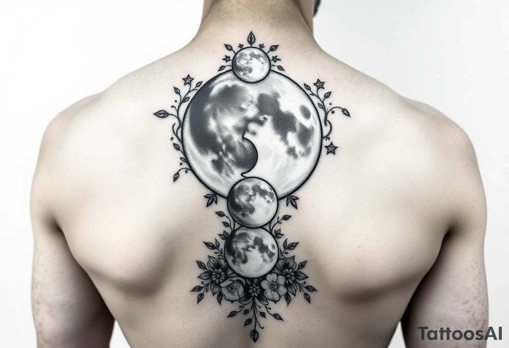 Phases of the moon down the spine details on the moon. With vines and stars and flowers along the sides down beside the phases of the moon tattoo idea