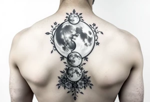 Phases of the moon down the spine details on the moon. With vines and stars and flowers along the sides down beside the phases of the moon tattoo idea