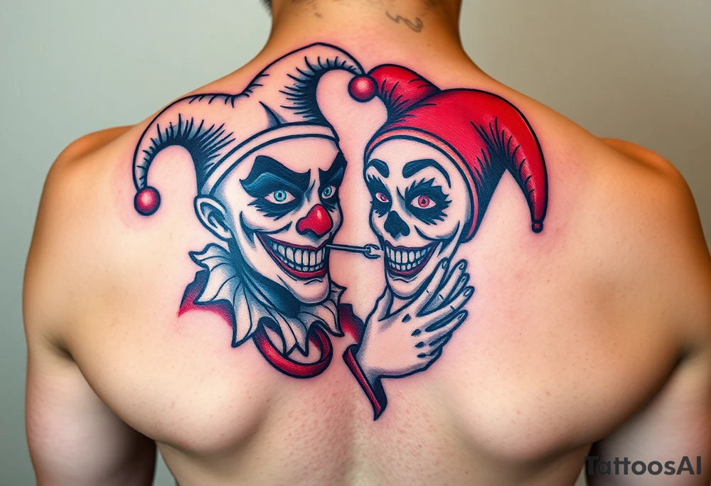 a toxic jester couple holding each other with cheeks being pulled to force smile tattoo idea