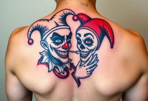a toxic jester couple holding each other with cheeks being pulled to force smile tattoo idea