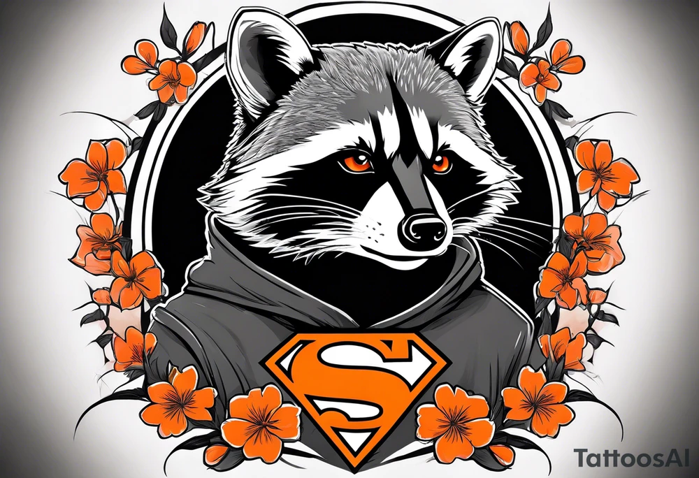 Raccoon wearing a white Superman logo on a black hoodie and orange Japanese cherry blossoms tattoo idea