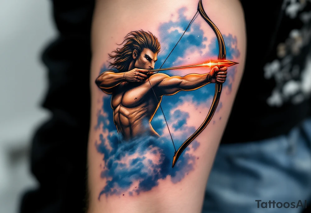 A dynamic tattoo of a centaur, the symbol of Sagittarius, with a golden bow pulled taut, ready to shoot. The centaur’s body is shaded in deep brown tones, and the arrowhead has a bright red-orange glow. The background has an ethereal blue mist that radiates outward, symbolizing Sagittarius’ free-spirited nature. tattoo idea
