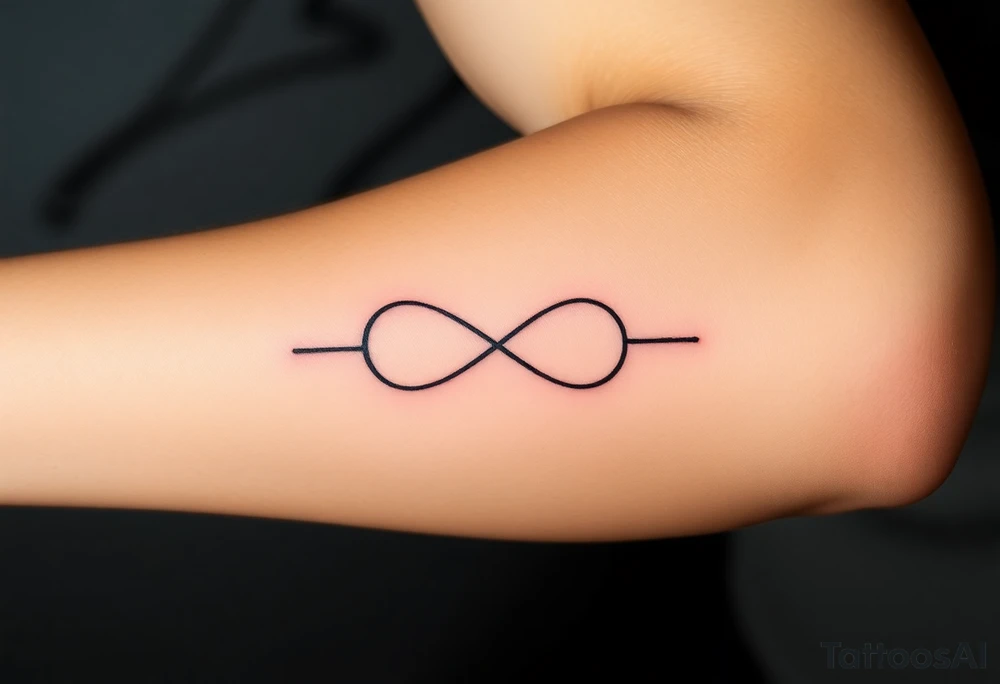 Quero uma tatuagem no antebraço, simples e elegante. O design deve começar com a data de nascimento do meu avô escrita em vermelho, seguida de um símbolo de infinito em branco, com uma leve sombra ao redor para destacá-lo. O símbolo de infinito deve continuar numa linha reta, como se fosse um infinito sem fim. A linha deve ser discreta e uniforme, mantendo um estilo minimalista. tattoo idea