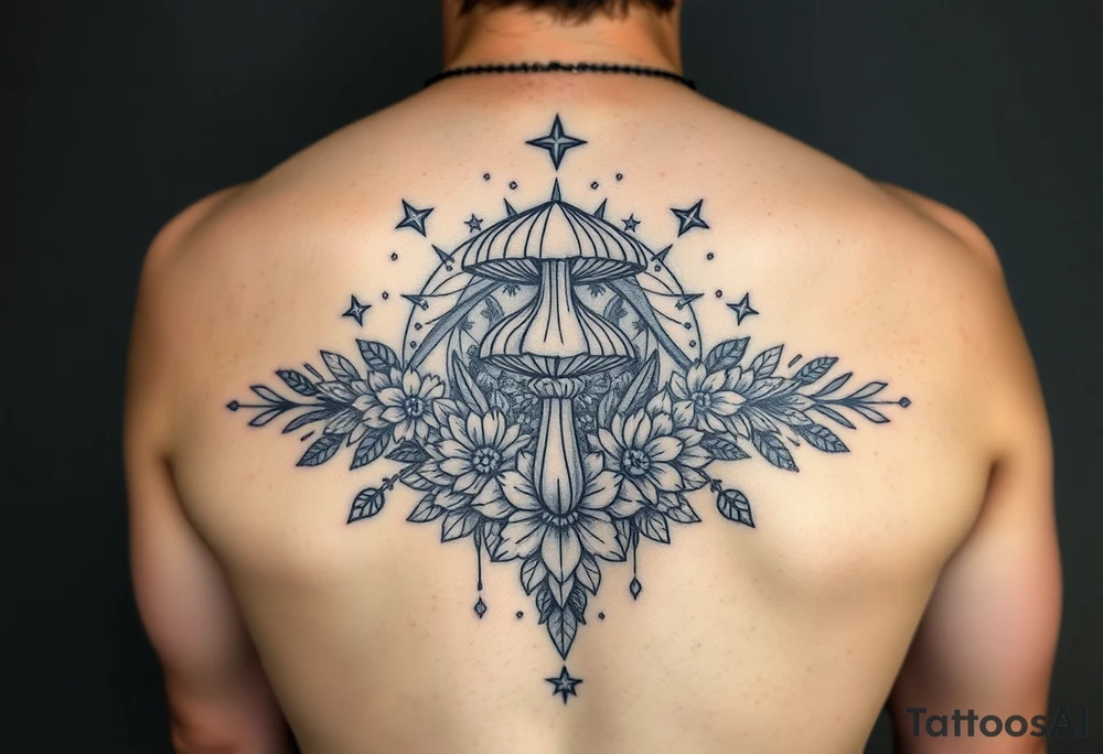 Could you possible make me a cool nature tattoo with mushrooms crystals  flowers mandala boho but colorful and psychedelic colorful too that would wrap from front of hip around side to mid back to cover an existing one I have incorporating the stars I have already and only covering some wrapping from front of hip around side to back tattoo idea