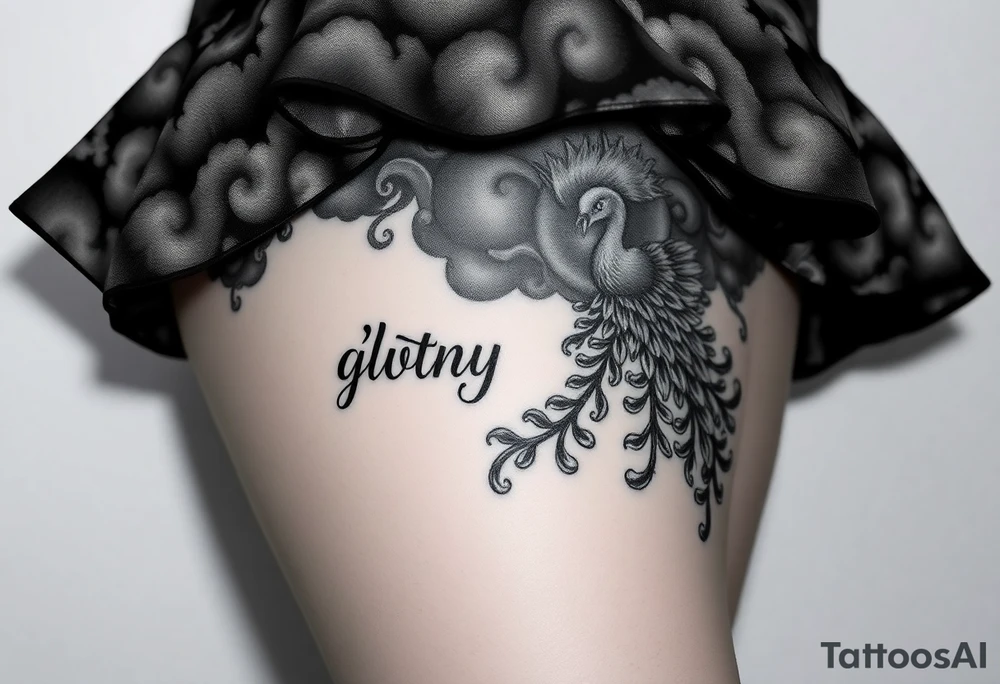 Storm clouds the word gluttony and sexy pig fat woman, peacock, money , envy, wrath, tattoo idea