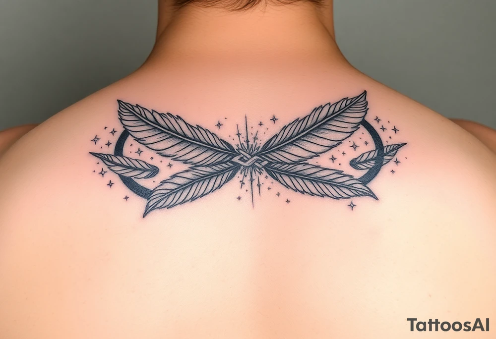 infinity symbol woven with floating feathers and stardust tattoo idea