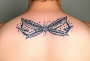 infinity symbol woven with floating feathers and stardust tattoo idea