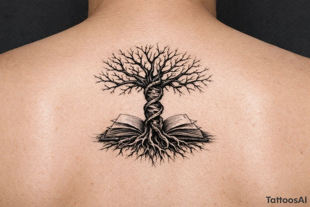 tree of life with a dna spiral for the trunk, bare branches spreading out to represent speciation/evolution, and roots sprouting out of open books to represent knowledge tattoo idea