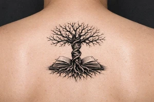 tree of life with a dna spiral for the trunk, bare branches spreading out to represent speciation/evolution, and roots sprouting out of open books to represent knowledge tattoo idea