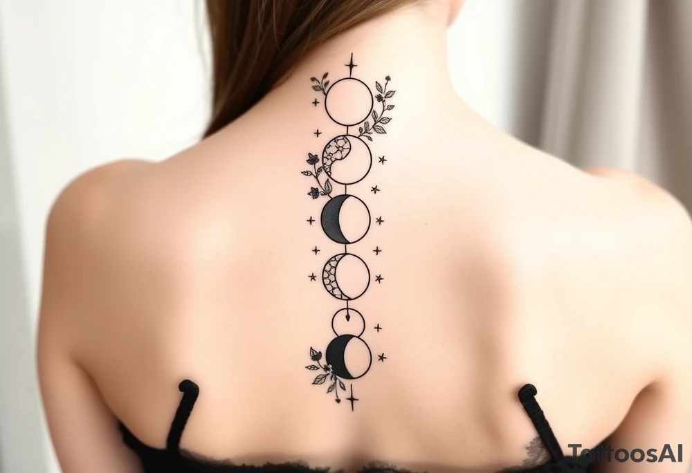 new moon, waxing crescent, first quarter, waxing gibbous, full moon, waning gibbous, last quarter, and waning crescent going down the spine vertically each represent different phases of the moon individually with flowers and vines and stars around it going up and down the sides 
Like the 4th one but more vines on the sides tattoo idea
