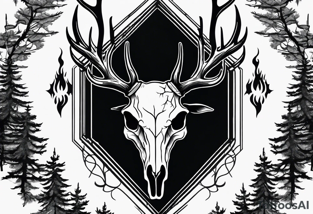 A frightening horror DECAYING deer skull JUST BONE FROM THE SIDE surrounded by a forest fire in background tattoo idea