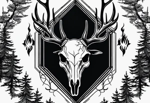 A frightening horror DECAYING deer skull JUST BONE FROM THE SIDE surrounded by a forest fire in background tattoo idea