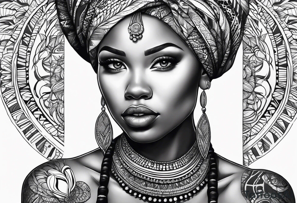 mulher iemanjá africana em preto e cinza com conchas, fundo da imagem com tons de azul tattoo idea