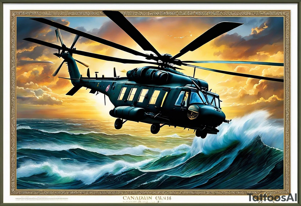 A cinematic-style tattoo depicting a Canadian military CH-148 Cyclone helicopter performing a daring maneuver over a turbulent ocean. The sky should be filled with dramatic clouds, and the sun should be setting, casting long shadows. The helicopter should be the main focus, with intricate details and a sense of motion. In the background, a poppy should be prominently displayed, and a quote from 'Lest We Forget' should be included, black and white tattoo idea