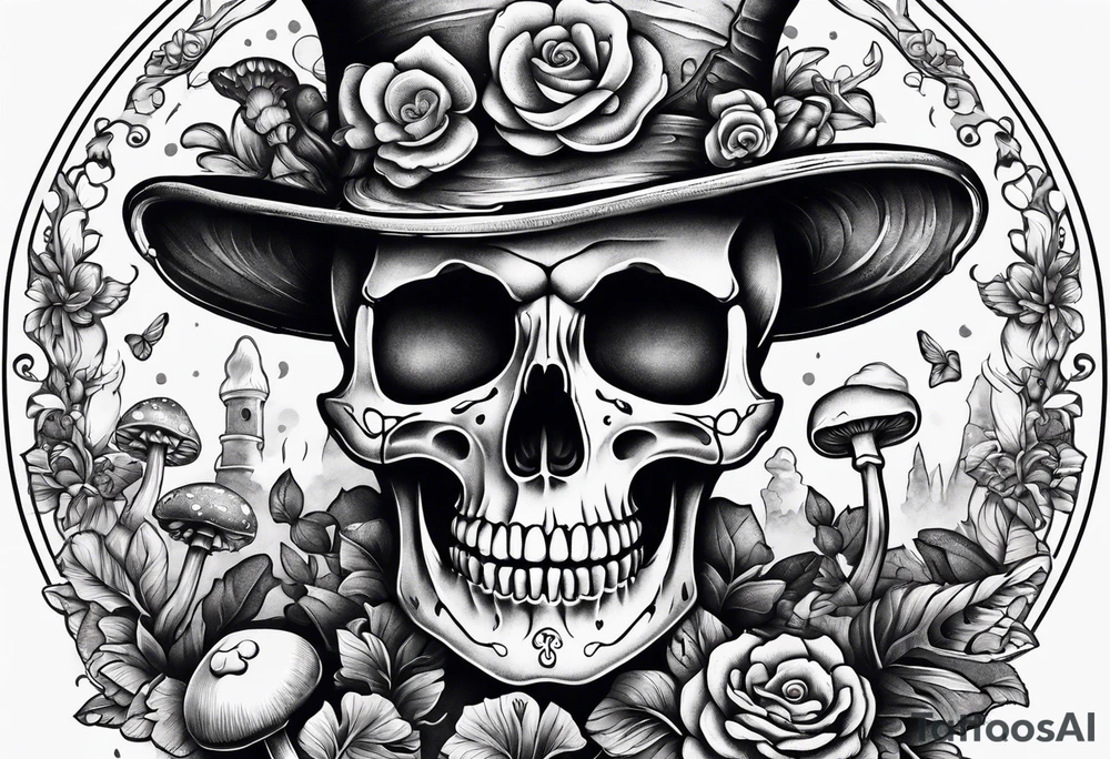skeleton with mushrooms growing out of it tattoo idea