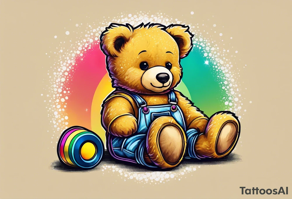 A light brown teddy bear in yellow overalls, wearing rainbow colored roller skates tattoo idea