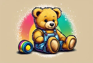 A light brown teddy bear in yellow overalls, wearing rainbow colored roller skates tattoo idea