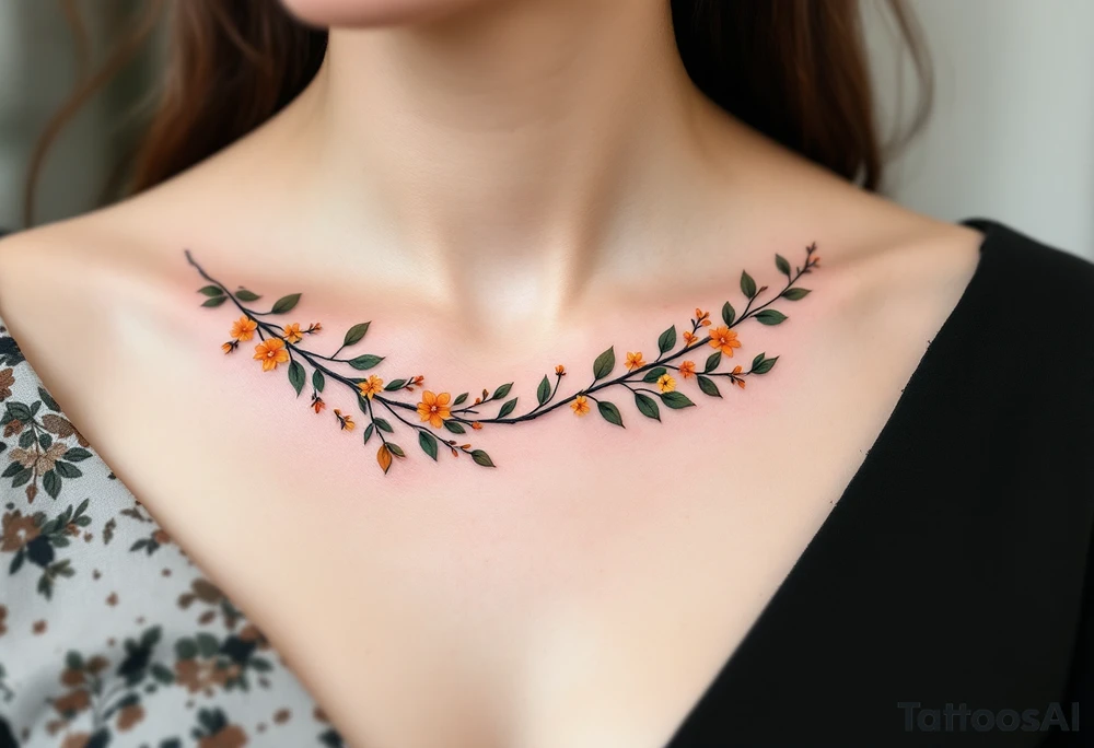 Two separate collarbone tattoos of long branches covered with orange, yellow and dark forest green leaves and flowers, academia, witchy, muted, delicate and gentle but moody, following the collarbone. More muted, not so bright, darker colors. Fewer amount of leaves, larger leaves. Less flowers and leaves. tattoo idea