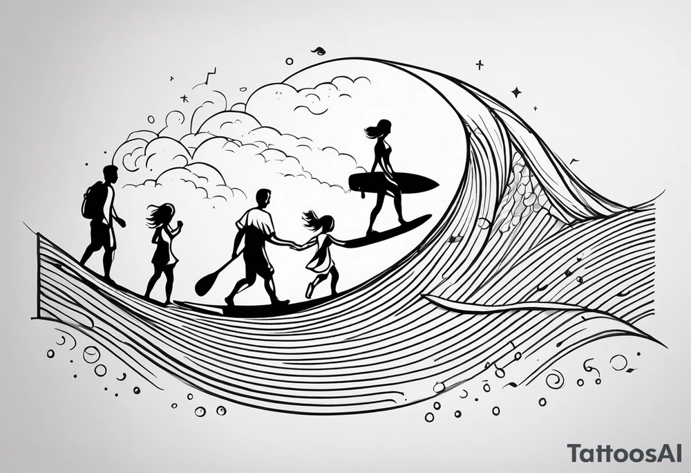 Black and white Line work tattoo depicting a father surfing with his daughters, incorporating musical notes. tattoo idea