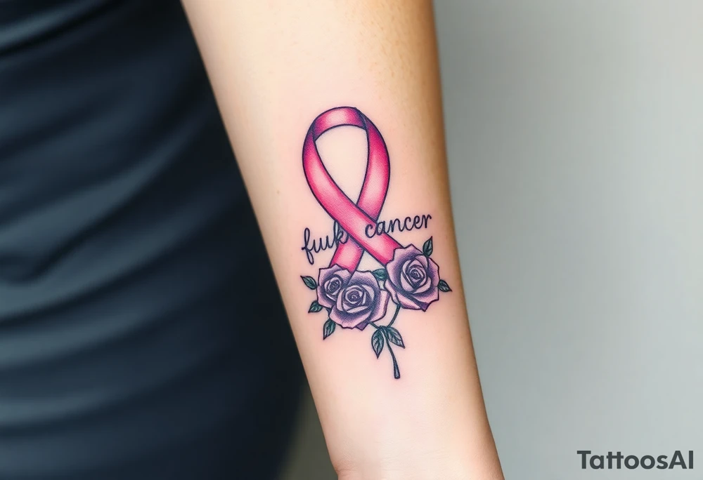 Pretty pink Cancer ribbon that says "fuck cancer"with 3 purple roses tattoo idea