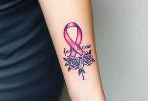 Pretty pink Cancer ribbon that says "fuck cancer"with 3 purple roses tattoo idea