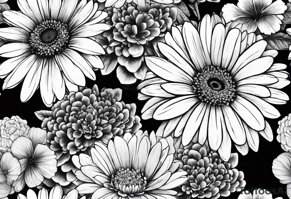 Gerber daisies, marigolds, hydrangeas, begonia tattoo idea Gerber daisies, marigolds, hydrangeas, begonia tattoo idea
