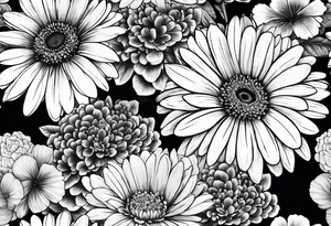 Gerber daisies, marigolds, hydrangeas, begonia tattoo idea