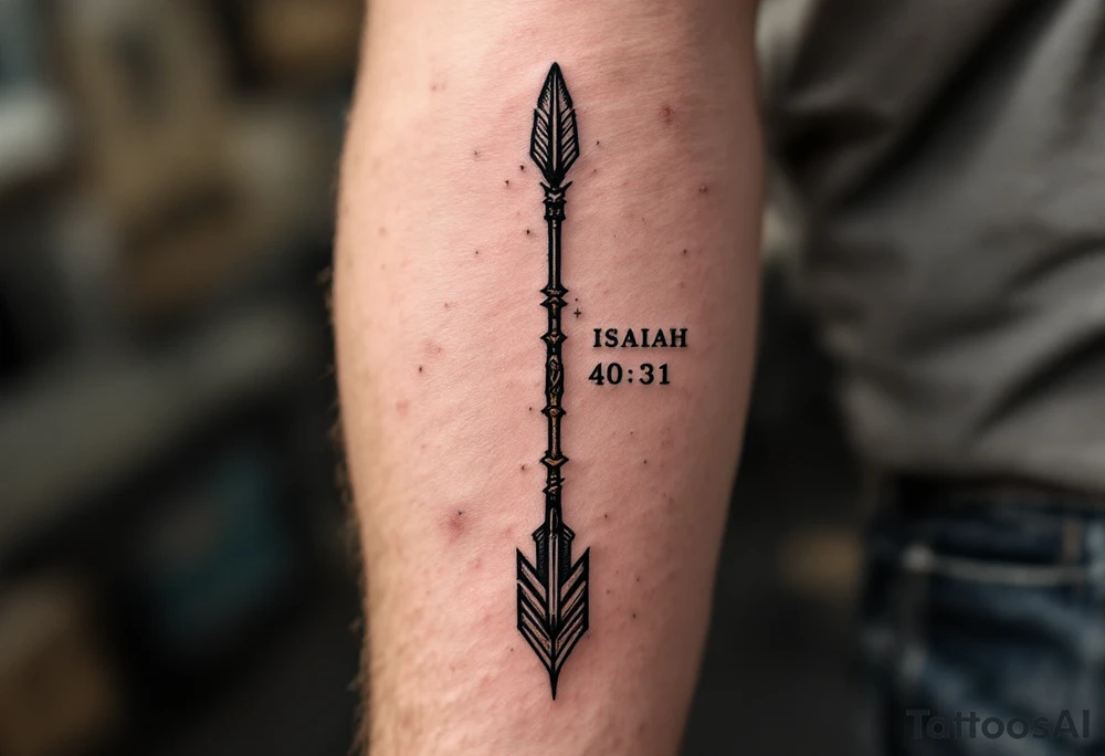 native american full-length arrow saying "Isaiah 40:31" tattoo idea