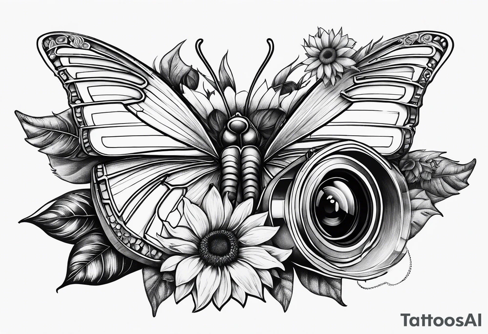 Butterfly, sunflower, camera, book, flower rose tattoo idea