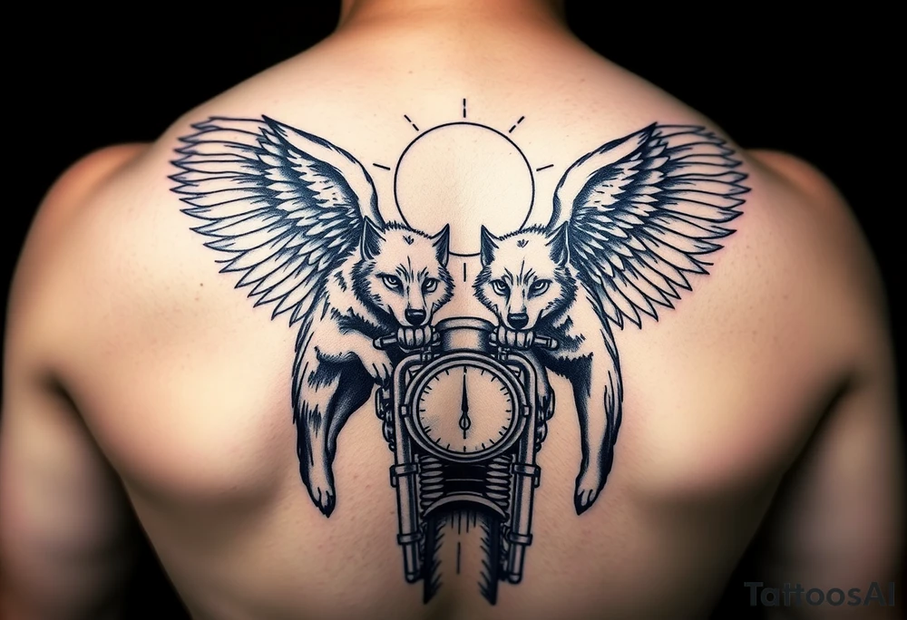 guardian angel wolves on a motorcycle tattoo idea