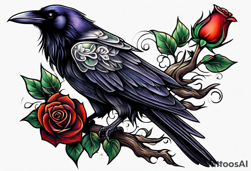 Raven looking back over shoulder with a rose underneath it tattoo idea
