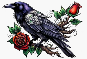 Raven looking back over shoulder with a rose underneath it tattoo idea