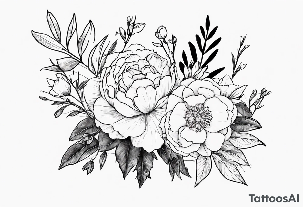 small flower bouquet with a peony, larkspur, rose, and daffodil with stems showing tattoo idea