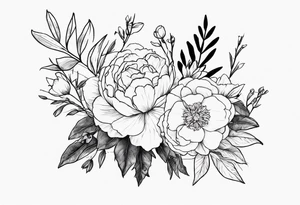 small flower bouquet with a peony, larkspur, rose, and daffodil with stems showing tattoo idea