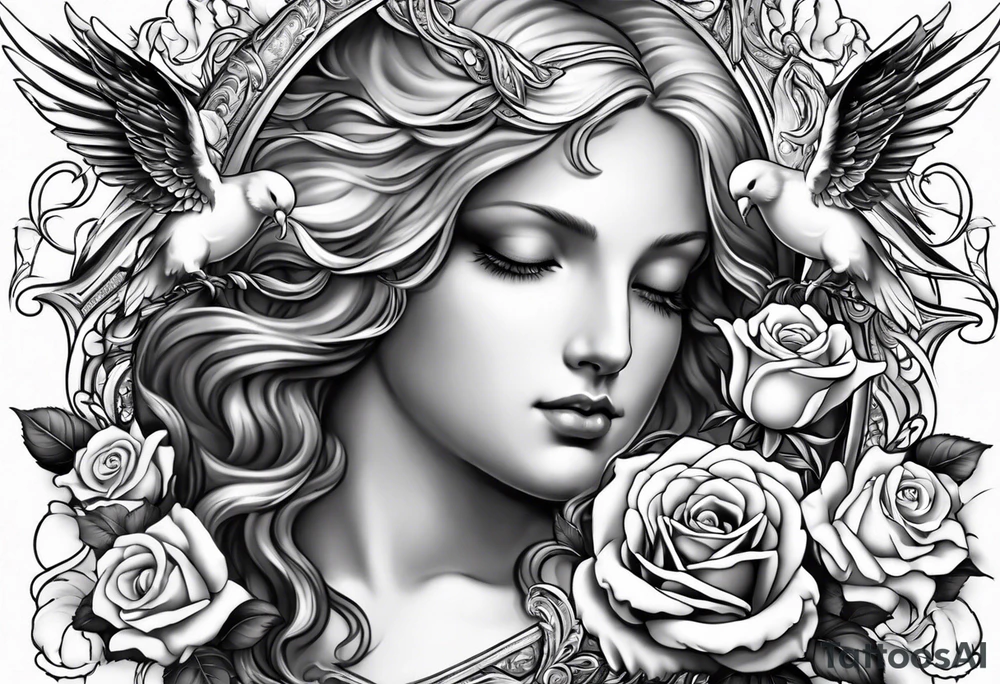 Angels and deamons realistic with roses doves to fit upper inner arm tattoo idea