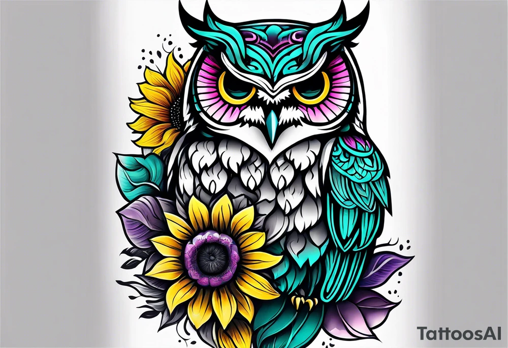 Leg Sleeve with black and white owl that's lightly shaded teal, pink and purple and yellow sunflowers tattoo idea