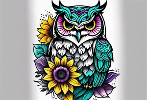 Leg Sleeve with black and white owl that's lightly shaded teal, pink and purple and yellow sunflowers tattoo idea
