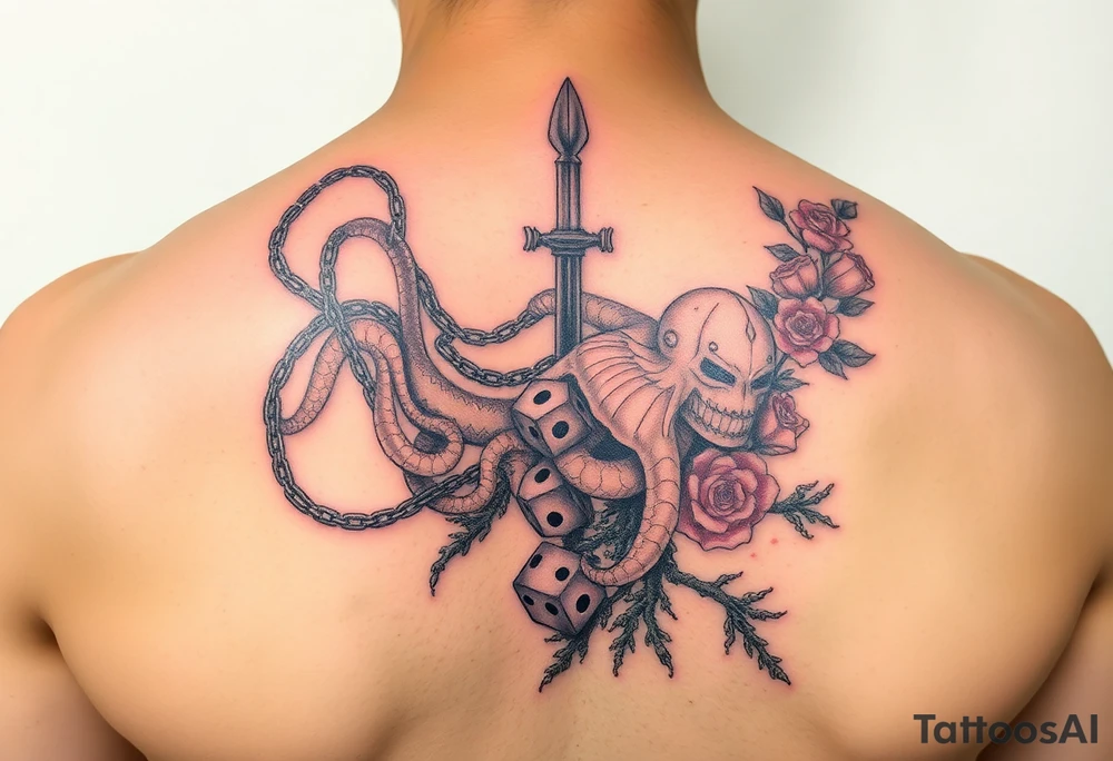 squid and knight combined with chains, tree roots, cherry blossoms and roses rolling dice tattoo idea