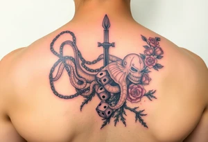 squid and knight combined with chains, tree roots, cherry blossoms and roses rolling dice tattoo idea