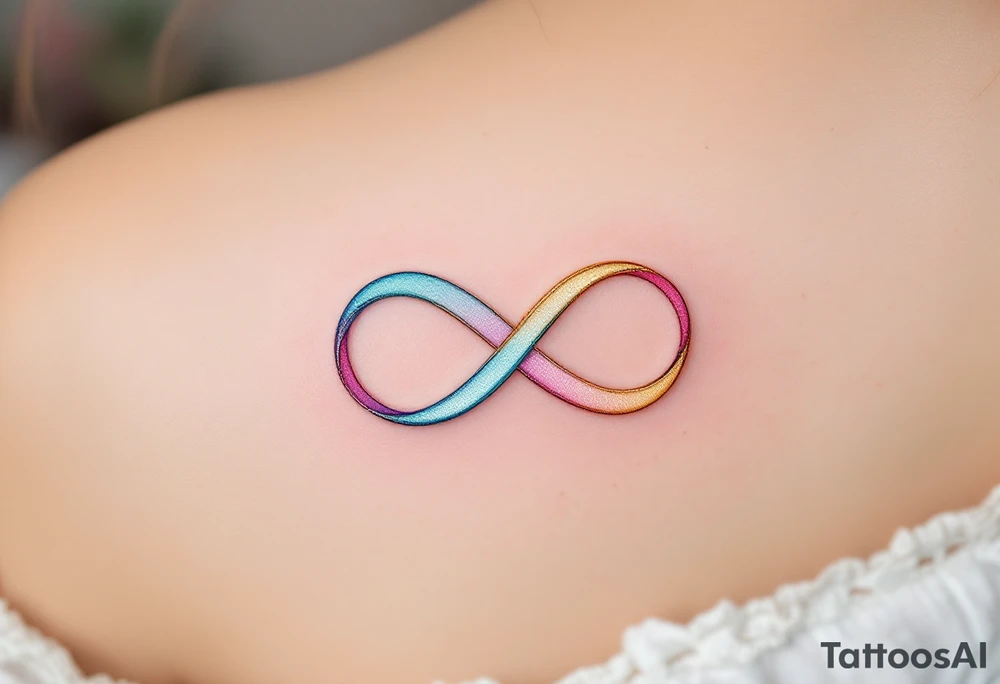 A trio of intertwined ribbons in pastel pink, blue, and golden yellow, forming an infinity loop of love. tattoo idea